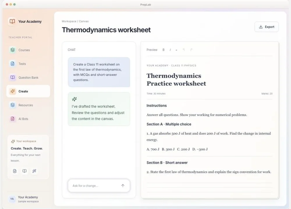 ThePrepLab AI Canvas with an AI conversation beside an editable study document
