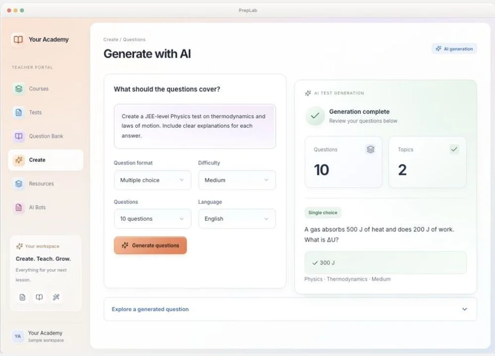 ThePrepLab AI question generator with topic instructions and a sample generated question