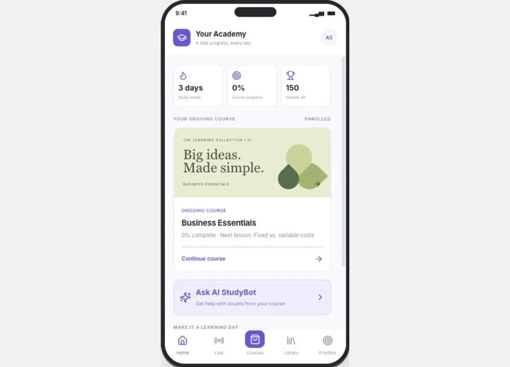Branded student phone app showing an ongoing course, learning progress and AI StudyBot
