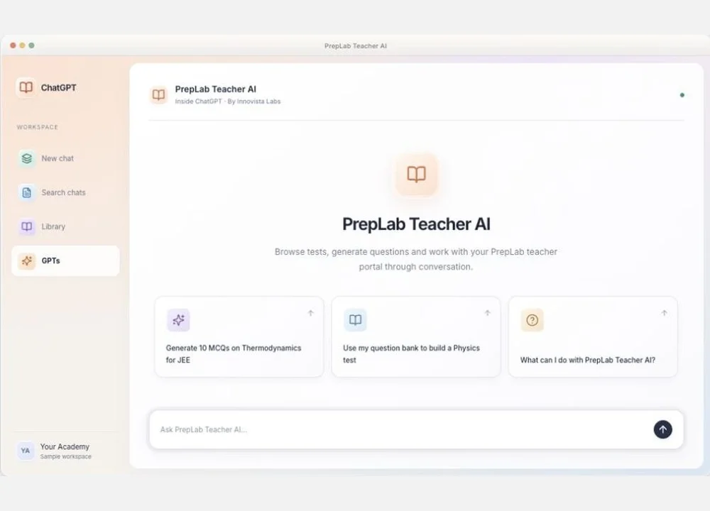 PrepLab Teacher AI inside ChatGPT with example educator prompts