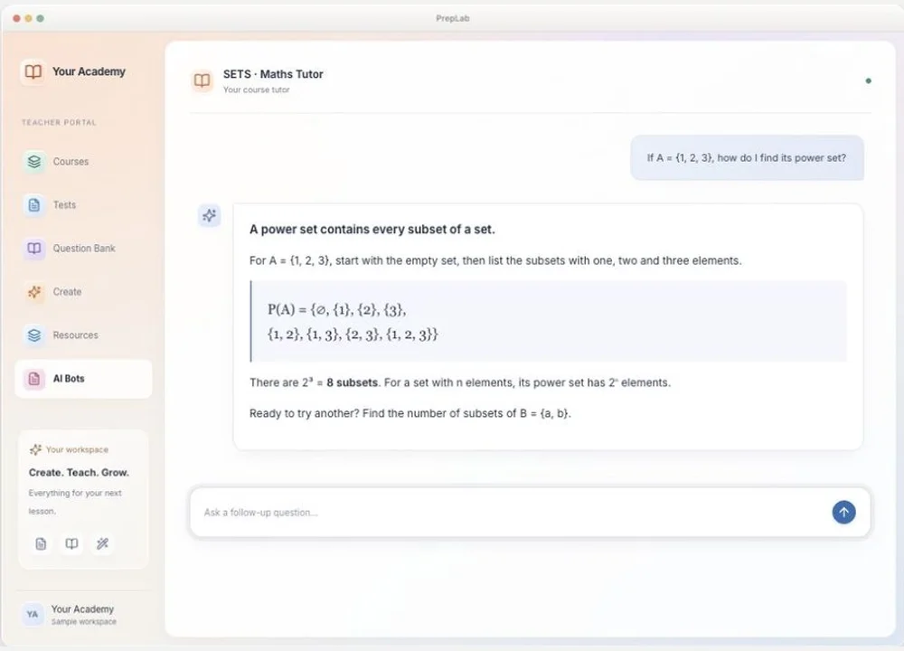 ThePrepLab AI StudyBot showing a sample student question and worked explanation